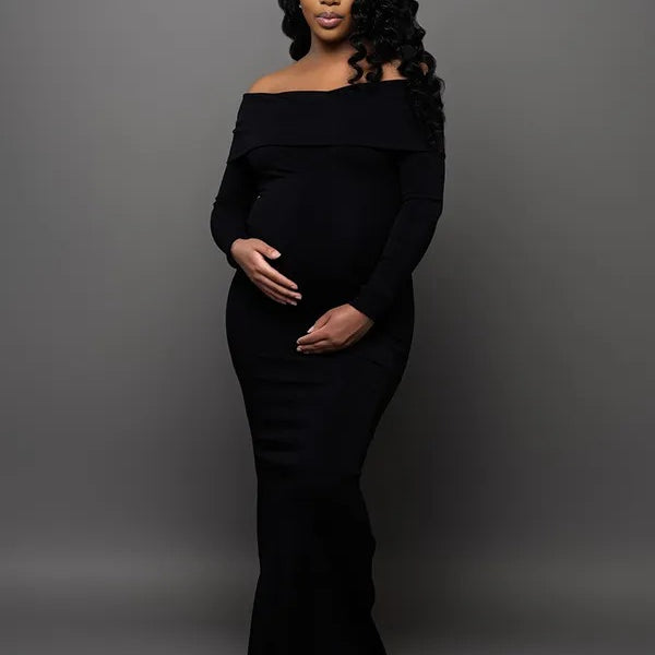 Momnfancy Off Shoulder Solid Color Mermaid Bodycon Elegant Photoshoot Maternity Maxi Sweater Dress