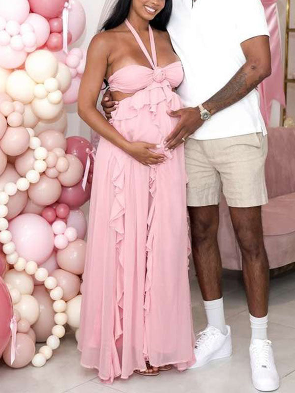 Momnfancy Pink Halter Neck 3D-flowers Ruffle Falbala Party Baby Shower Maternity Maxi Dresses