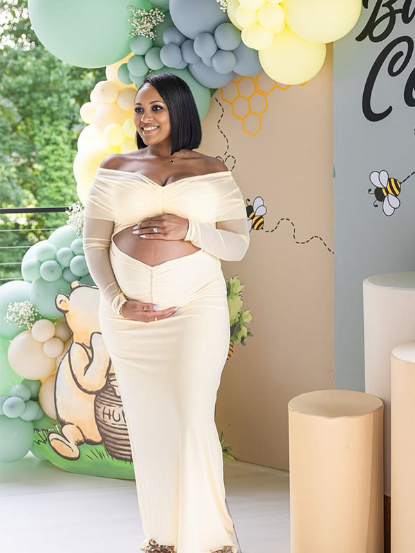 Momnfancy Off Shoulder V-Neck Cut Out Mesh Sheer Crop Ruched Baby Shower Maternity Maxi Dress