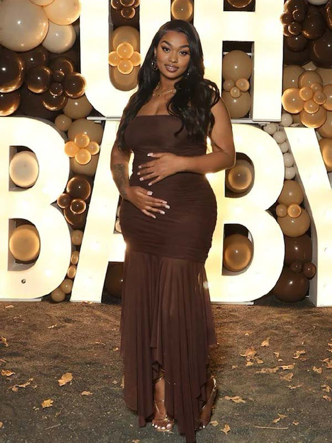 Momnfancy Brown Mesh Bandeau Strapless Ruched Baby Shower Maternity Maxi Dress