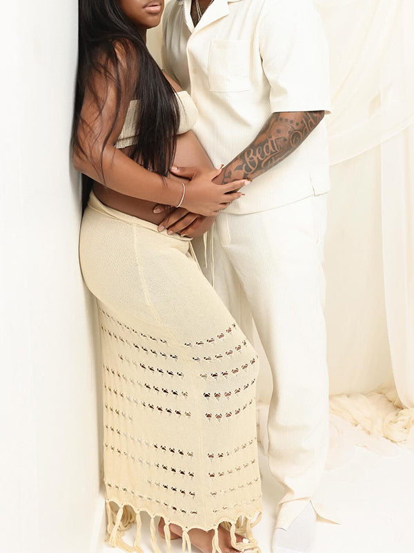 Momnfancy Beige 2-in-1 Cut Out Tassel Photoshoot Maternity Maxi Dress