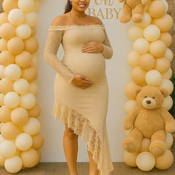 Momnfancy Apricot Lace Irregular Off Shoulder Baby Shower Maternity Maxi Dresses