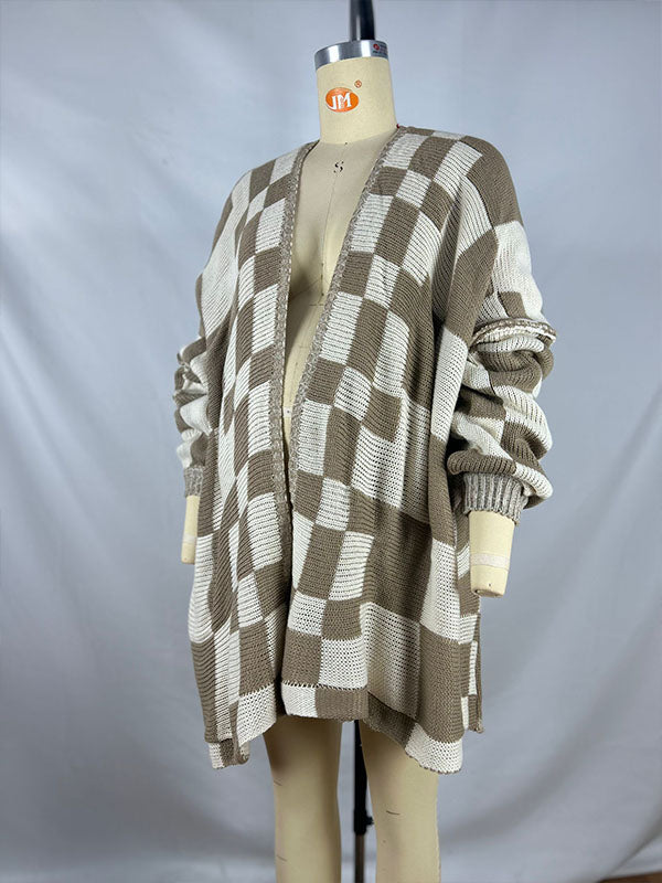 Momnfancy Plaid Tartan Lantern Sleeve Fashion Daily Plus Size Photoshoot Maternity Sweater Cardigan