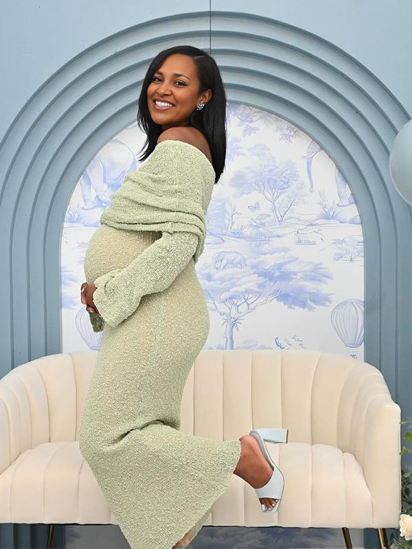 Momnfancy Green Knit Off Shoulder Baby Shower Maternity Maxi Dress