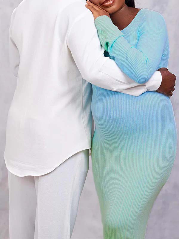 Momnfancy Light Blue Hit Color Flare Sleeve Mermaid Elegant Photoshoot Baby Shower Maternity Maxi Sweater Dress