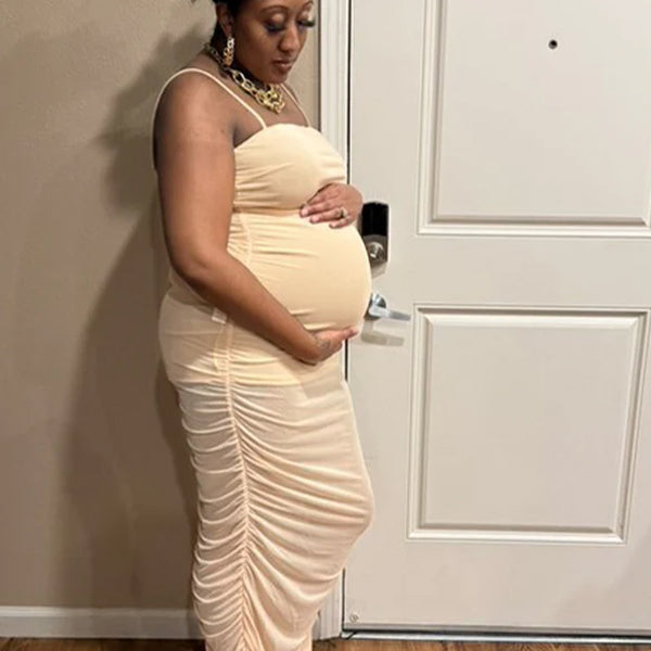 Momnfancy Apricot Ruched Side Slit Maternity Photoshoot Maxi Dress