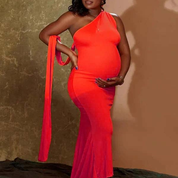 Momnfancy Orange Backless Ruched Draped Bodycon Party Evening Mermaid Gown Maternity Maxi Dress