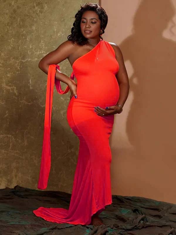 Momnfancy Orange Backless Ruched Draped Bodycon Party Evening Mermaid Gown Maternity Maxi Dress
