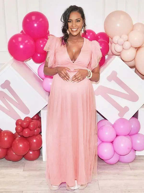 Momnfancy Plus Size Tulle Ruffle V-Neck Evening Gown Photoshoot Maternity Maxi Dress