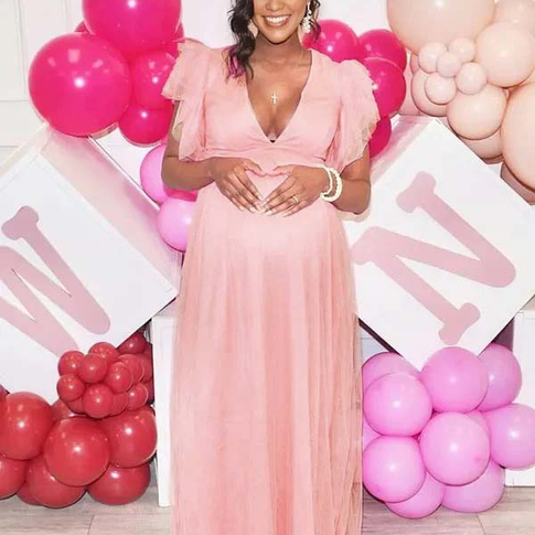Momnfancy Plus Size Tulle Ruffle V-Neck Evening Gown Photoshoot Maternity Maxi Dress