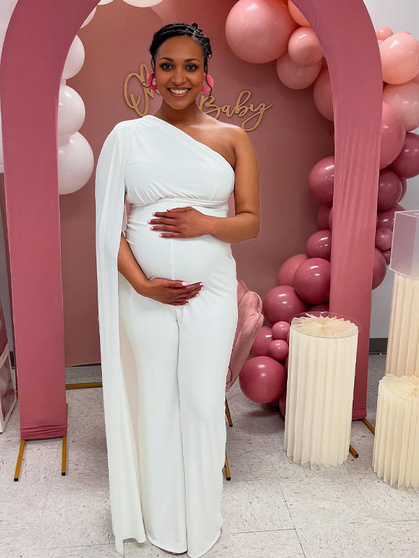Momnfancy White Belly Friendly One-Shoulder Babyshower Maternity Jumpsuit