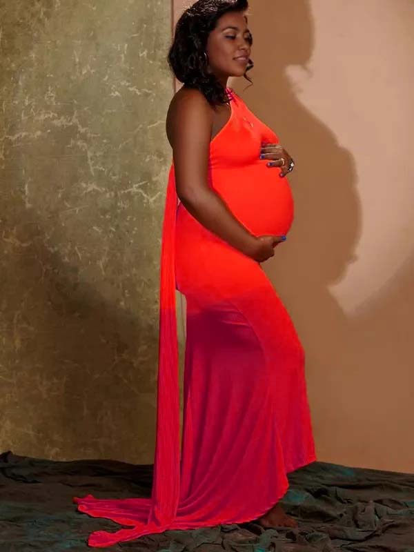 Momnfancy Orange Backless Ruched Draped Bodycon Party Evening Mermaid Gown Maternity Maxi Dress