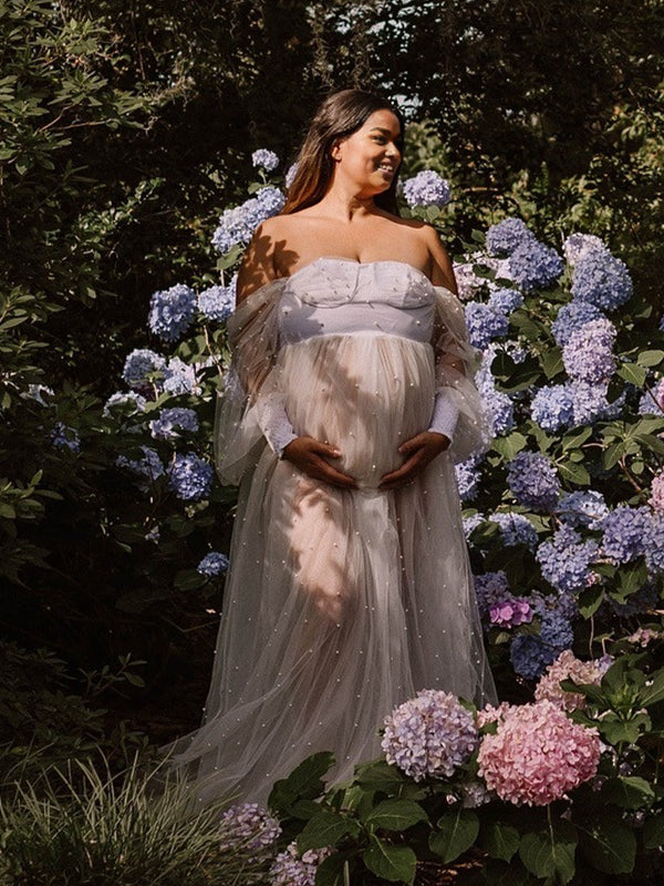 Momnfancy Boat Neck Trailing Tulle Tutu Maternity Maxi Dresses