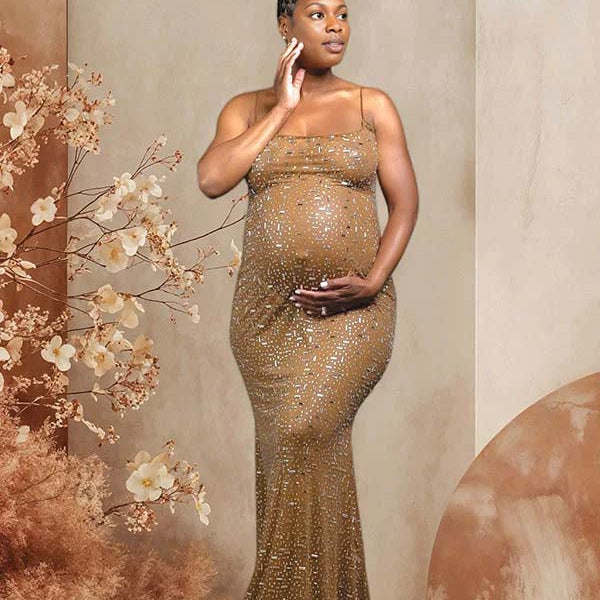 Momnfancy Mesh Rhinestone Spaghetti Strap Bodycon Photoshoot Maternity Maxi Dress