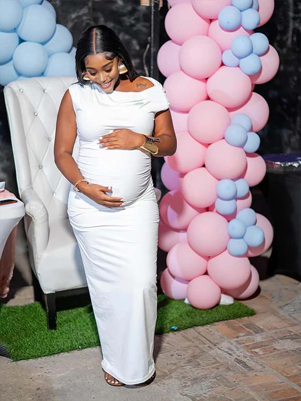 Momnfancy White Off Shoulder Bodycon Mermaid Party Cap Sleeve Baby Shower Maternity Maxi Dress