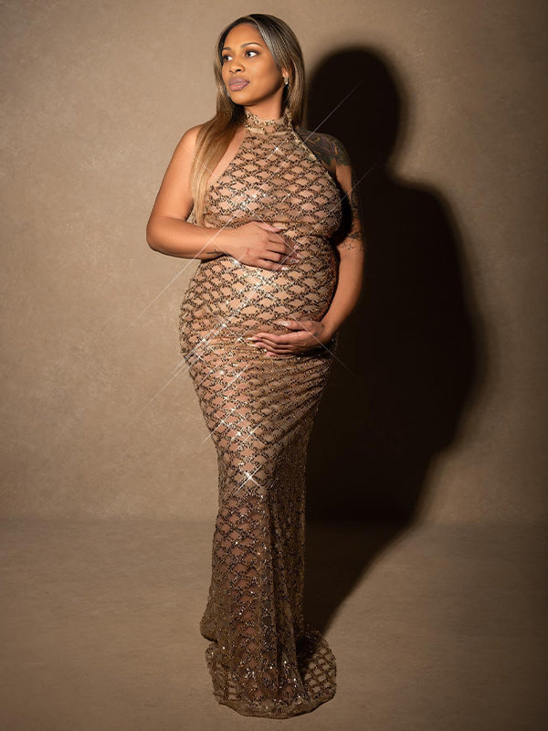 Momnfancy Backless Sequins Mermaid Halter Neck Maternity Photoshoot Maxi Dress