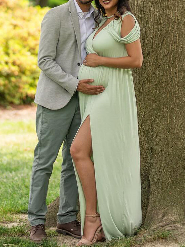 Momnfancy Off Shoulder Slit Floor Length Flowy Photoshoot Maternity Maxi Dress