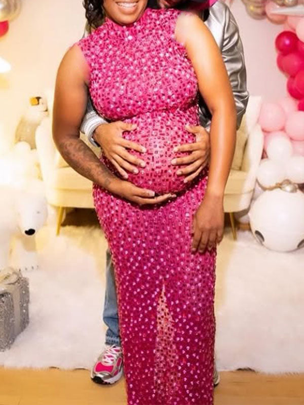 Momnfancy Diamond Trendy Fitted Sleeveless Mesh Club Evening Bodycon Baby Shower Maternity Maxi Dress