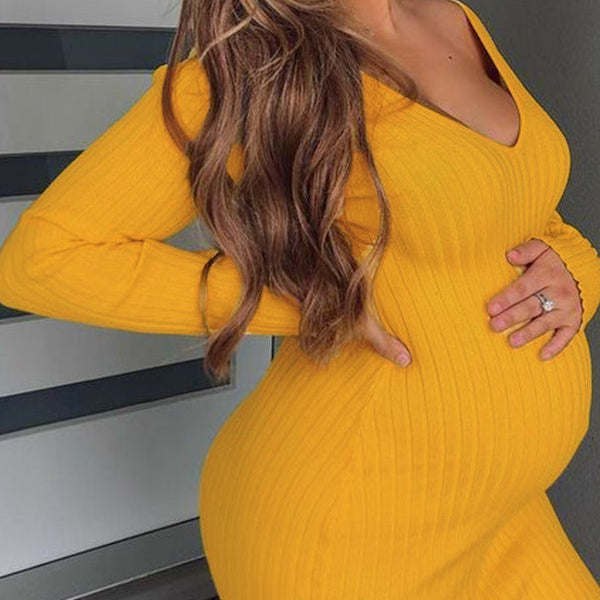Momnfancy Yellow Knitting V-Neck Long Sleeve Bodycon Plus Size Baby Shower Maternity Maxi Dress