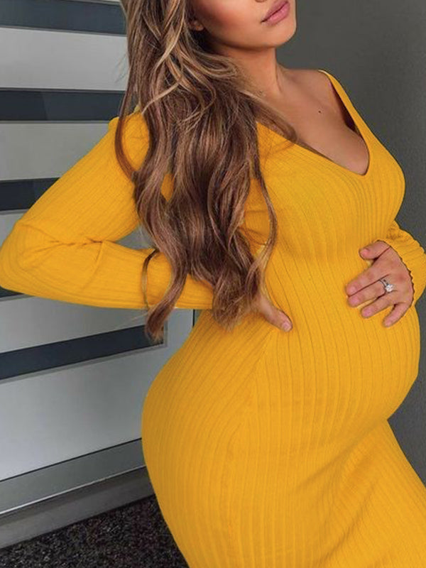 Momnfancy Yellow Knitting V-Neck Long Sleeve Bodycon Plus Size Baby Shower Maternity Maxi Dress