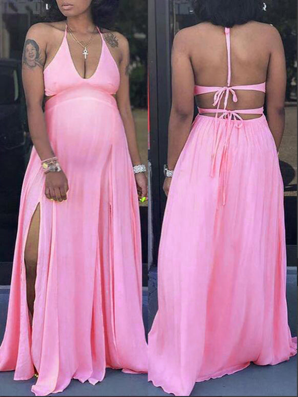 Momnfancy Pink Spaghetti Strap Halter Neck Backless Maternity Baby Shower Maxi Dress