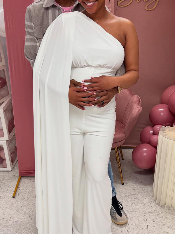 Momnfancy White Belly Friendly One-Shoulder Babyshower Maternity Jumpsuit