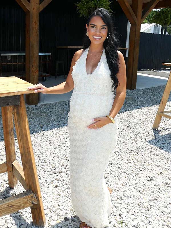 Momnfancy White Backless V-Neck Bodycon Baby Shower Maternity Maxi Dress