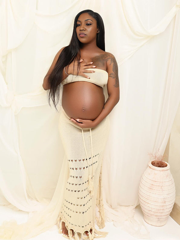 Momnfancy Beige 2-in-1 Cut Out Tassel Photoshoot Maternity Maxi Dress