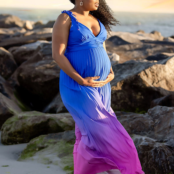 Momnfancy Blue Gradient Color Pleated Cami Maternity Maxi Dress