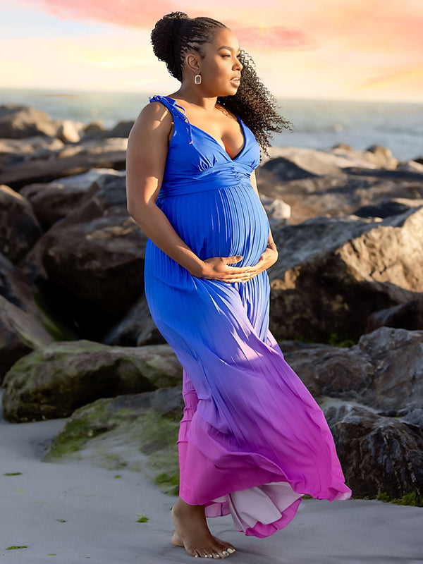 Momnfancy Blue Gradient Color Pleated Cami Maternity Maxi Dress