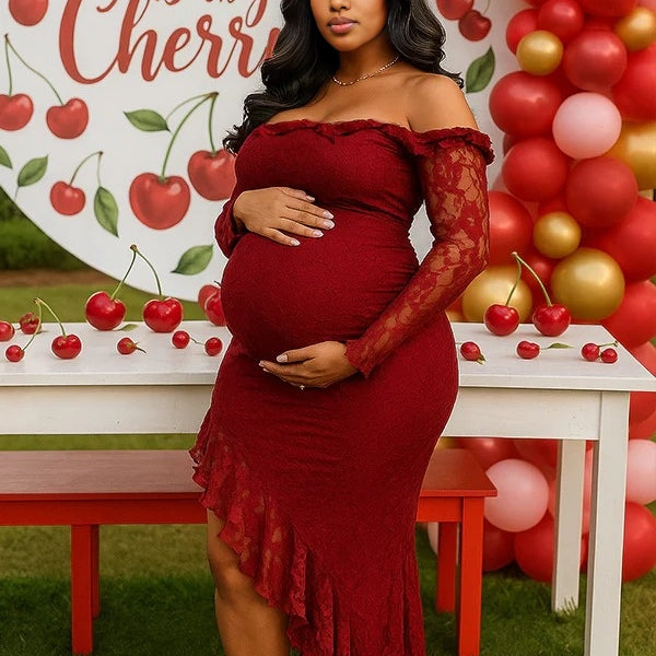 Momnfancy Irregular Lace Ruffle Off Shoulder Babyshower Maternity Maxi Dresses