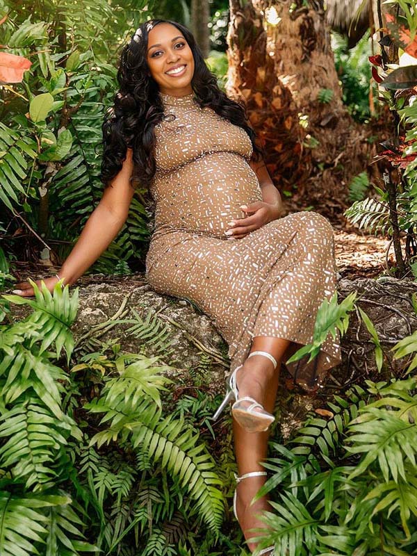 Momnfancy Mesh Rhinestone Split Bodycon Photoshoot Maternity Maxi Dress