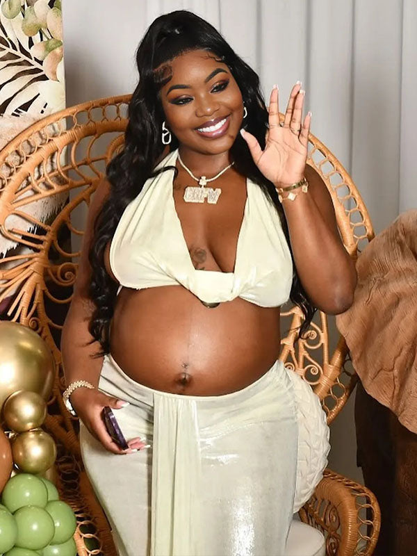 Momnfancy Halter Neck Crop Bodycon Draped Baby Shower Maternity Maxi Dresses