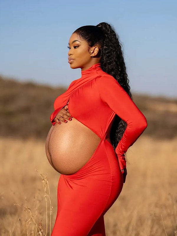 Momnfancy Red Cross Front Crop Cut Out Maternity Photoshoot Dress