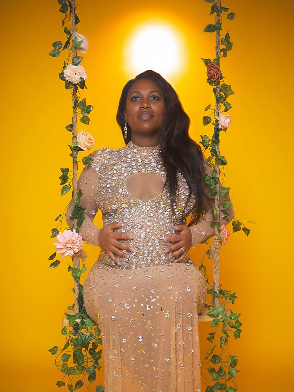 Momnfancy Apricot Diamonds Rhinestone Back Slit Photoshoot Maternity Maxi Dress