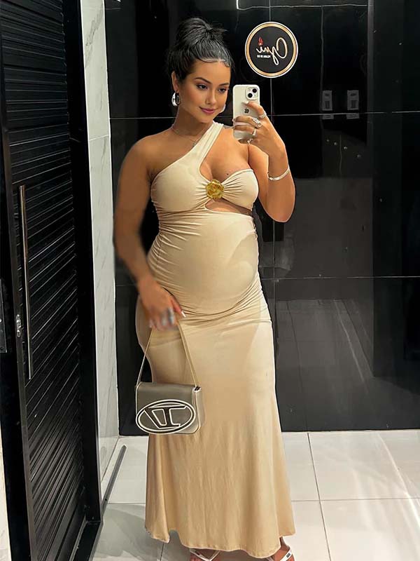 Momnfancy Oblique Shoulder Bodycon Maternity Maxi Dresses