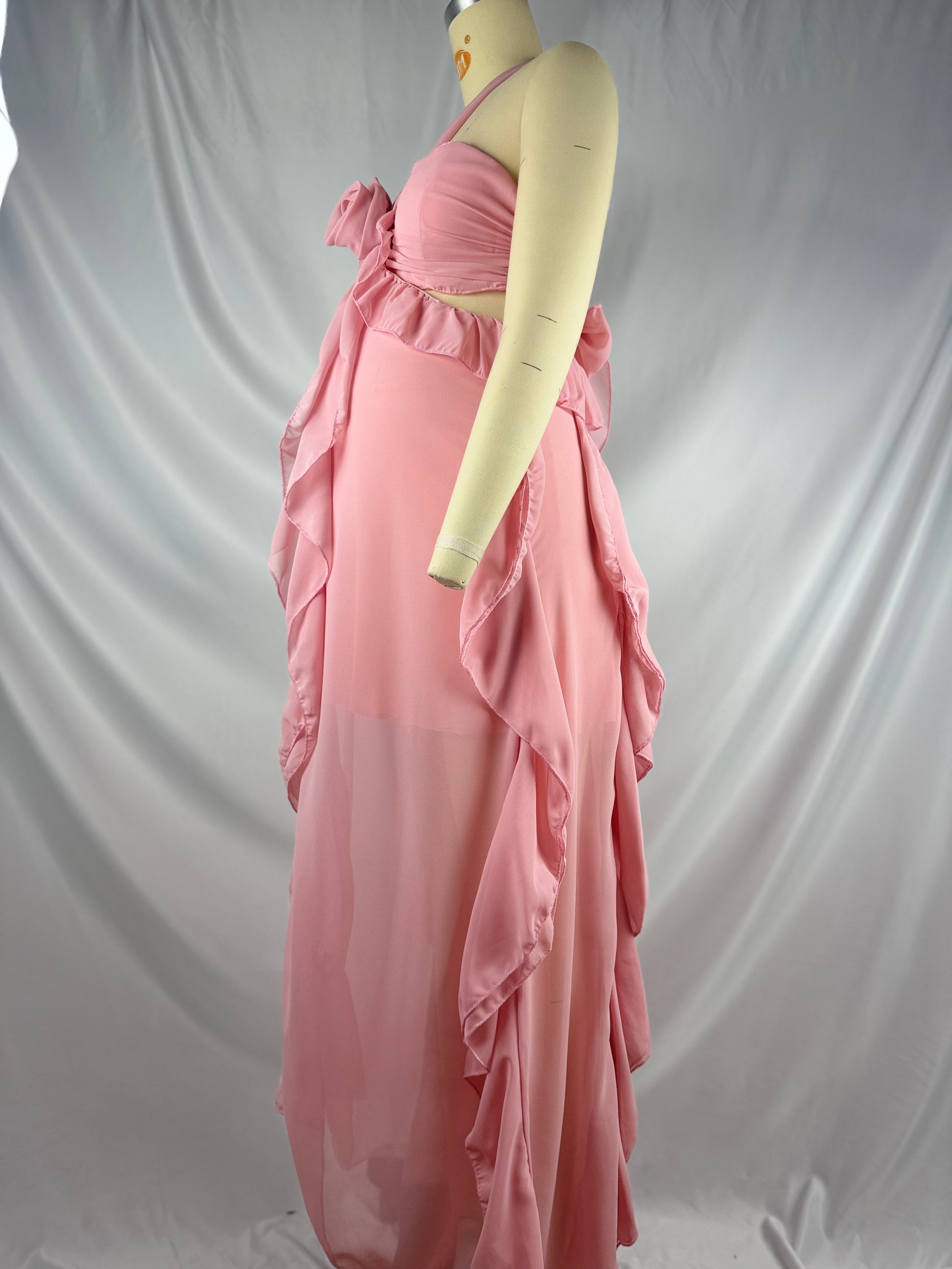 Momnfancy Pink Halter Neck 3D-flowers Ruffle Falbala Party Baby Shower Maternity Maxi Dresses