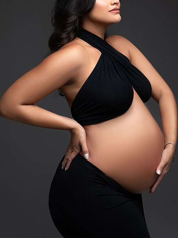 Momnfancy Black Cut Out Crop Thigh High Side Slits Ruched Knot Halter Neck Maternity Maxi Dress
