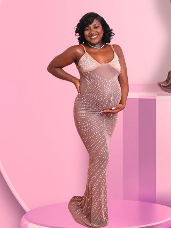 Momnfancy Elegant Spaghetti Straps Mesh Maternity Photo Shoot Dress