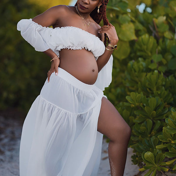 Momnfancy Bohemian Off Shoulder Backless Ruffle 2 piece set Photoshoot Maternity Maxi Dress
