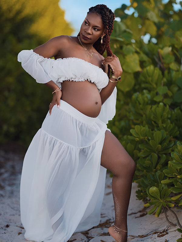 Momnfancy Bohemian Off Shoulder Backless Ruffle 2 piece set Photoshoot Maternity Maxi Dress