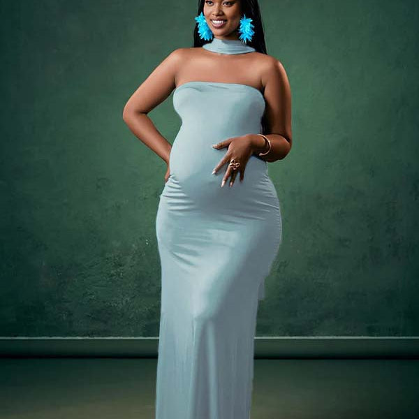 Momnfancy Halter Neck Mermaid Bodycon Tube Top Maternity Maxi Dress