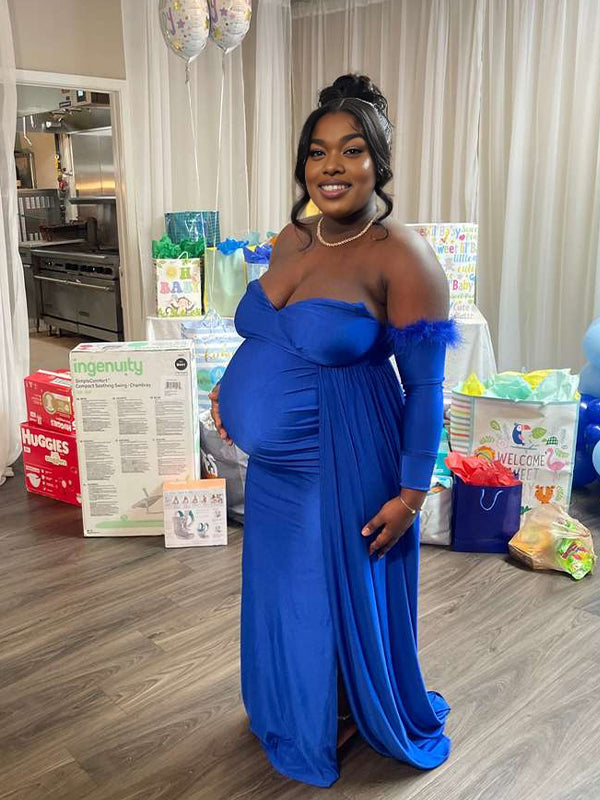 Momnfancy Off Shoulder Feather Side Slit Babyshower Maternity Maxi Dress