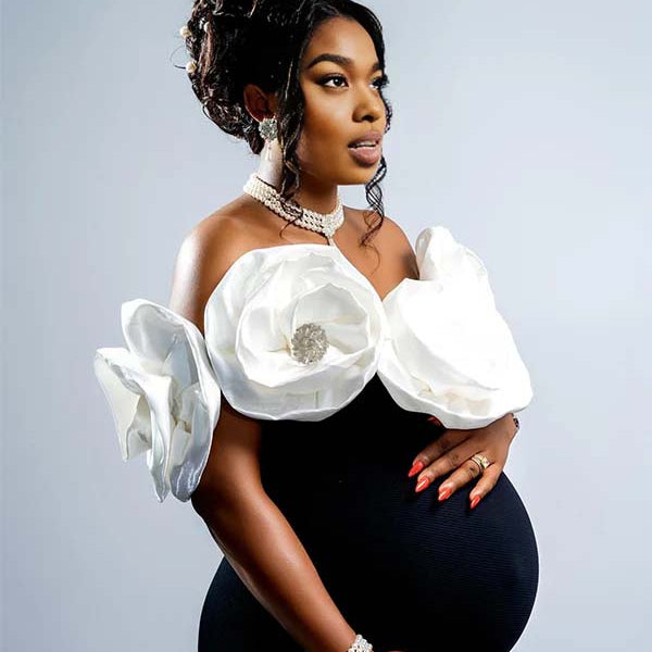 Momnfancy Off-shoulder 3D-flowers Trumpet Maternity Maxi Dresses