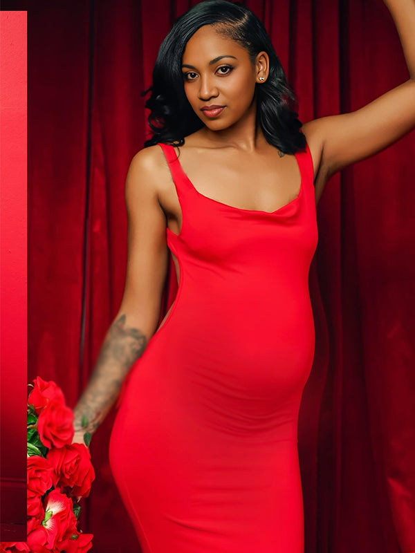 Momnfancy Solid Color Bow Tank Backless Mermaid Elegant Cocktail Party Maternity Maxi Dress