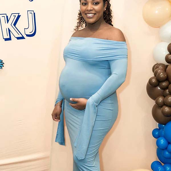 Momnfancy Boat Neck Flare Sleeve Maternity Maxi Dresses