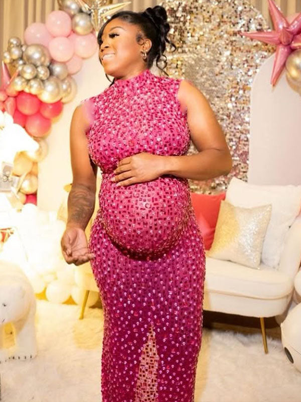 Momnfancy Diamond Trendy Fitted Sleeveless Mesh Club Evening Bodycon Baby Shower Maternity Maxi Dress