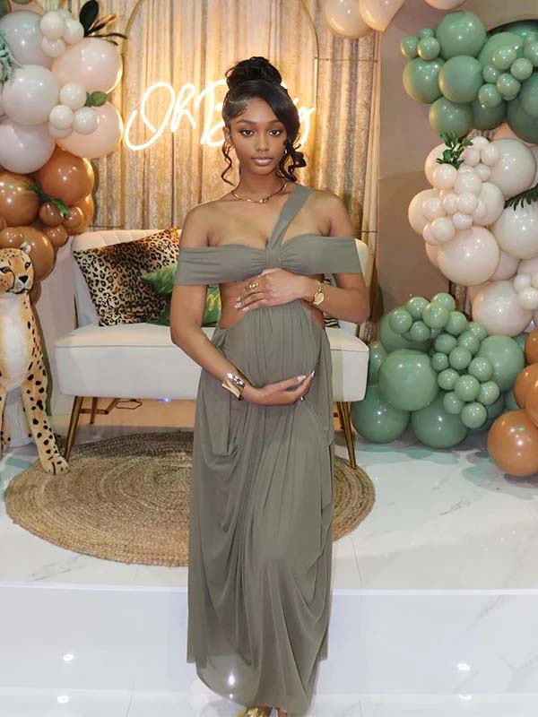 Momnfancy Off Shoulder Cut Out Backless Halter Neck Falbala Baby Shower Maternity Maxi Dress