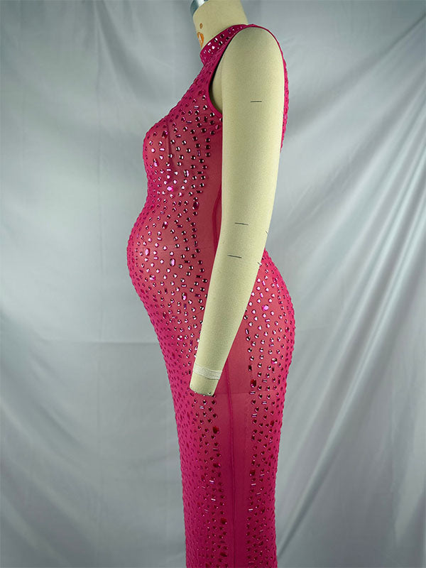 Momnfancy Diamond Trendy Fitted Sleeveless Mesh Club Evening Bodycon Baby Shower Maternity Maxi Dress