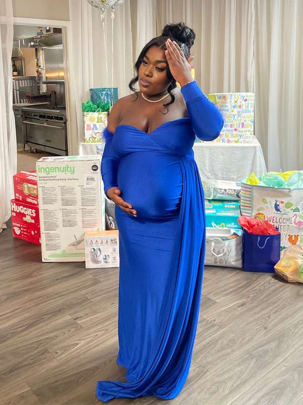 Momnfancy Off Shoulder Feather Side Slit Babyshower Maternity Maxi Dress